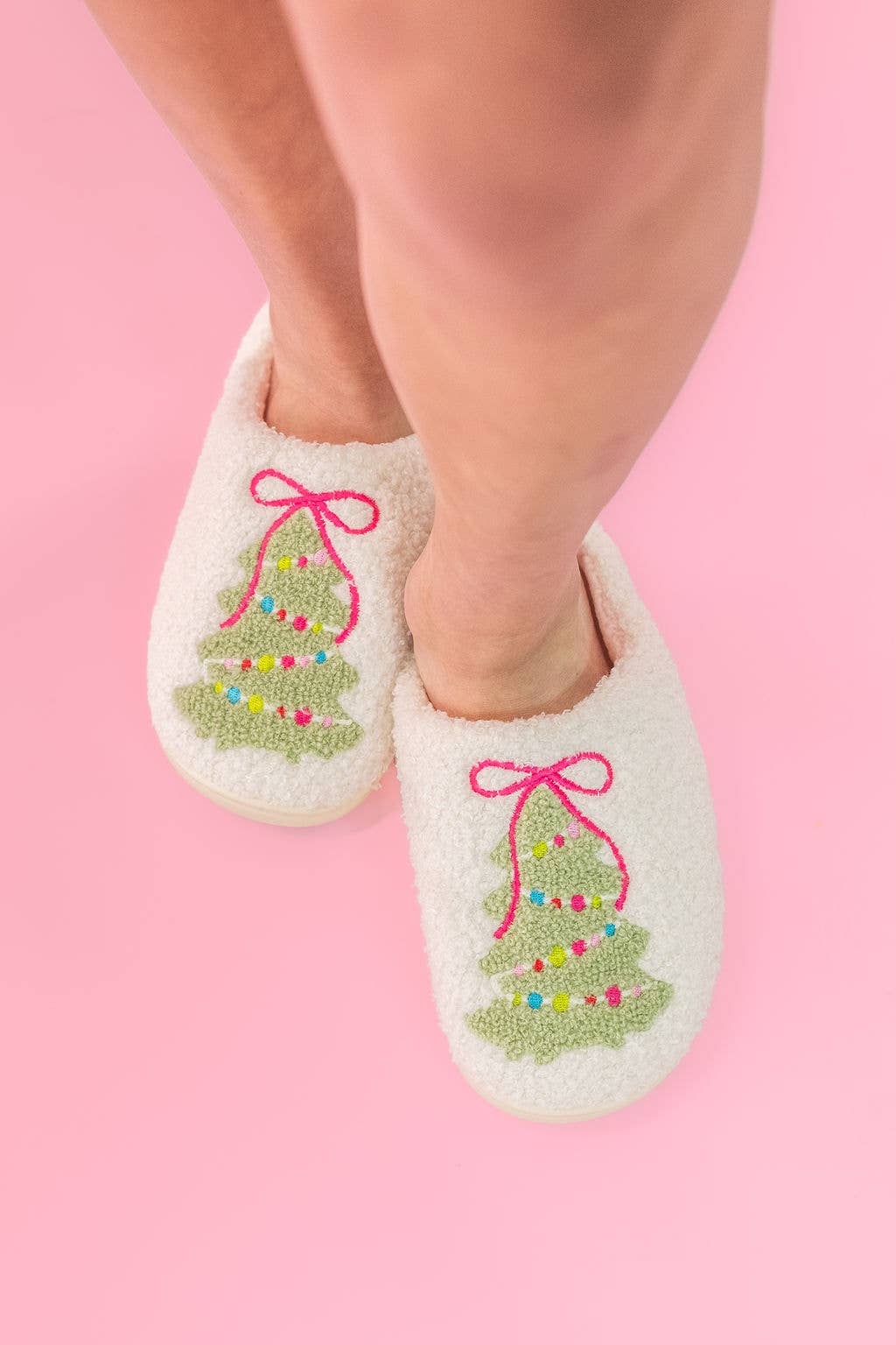 Buy cozy Pink Bow Christmas Tree Slippers for adults in small size, plush material, and festive design perfect for holiday...