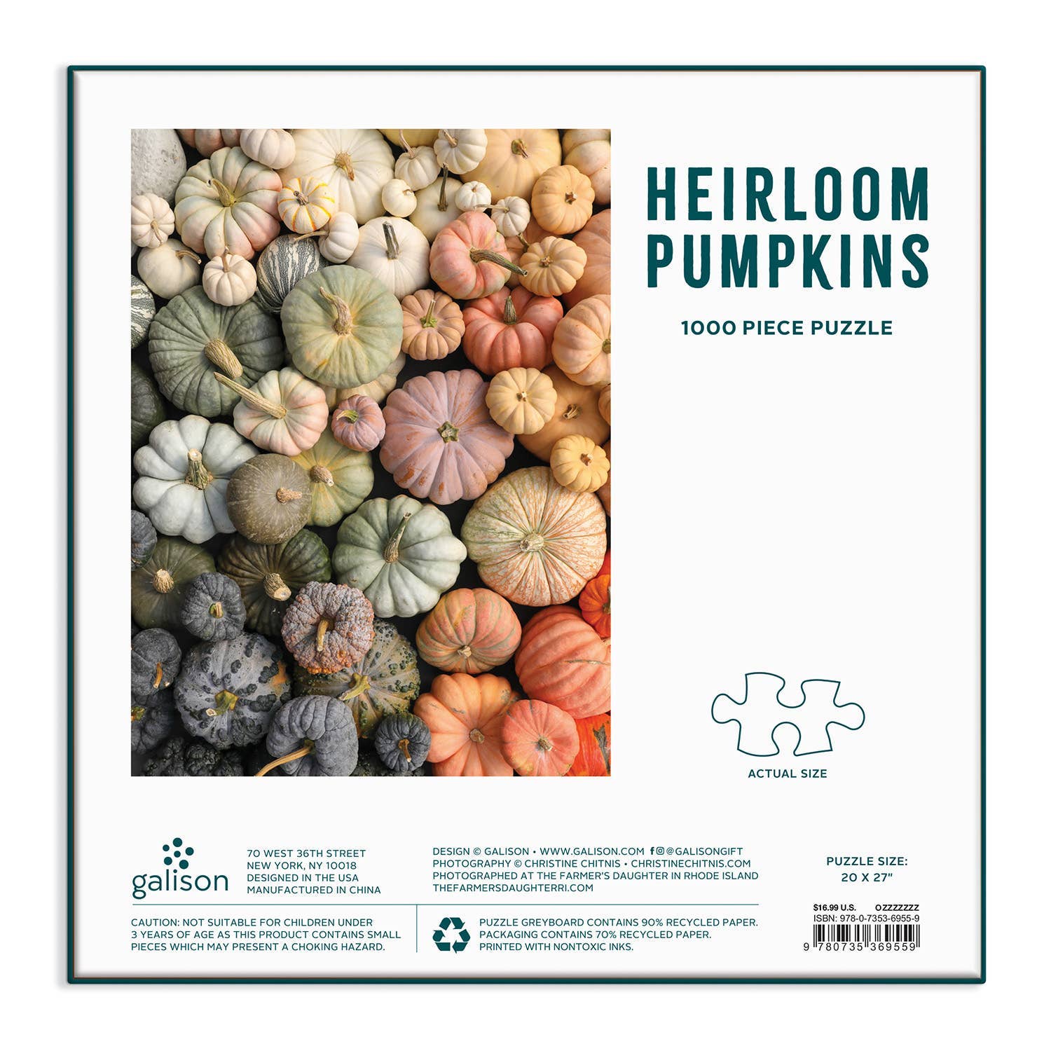 Heirloom Pumpkins 1000 Piece Puzzle in Square Box, vibrant autumn colors, challenging family activity, eco-friendly material