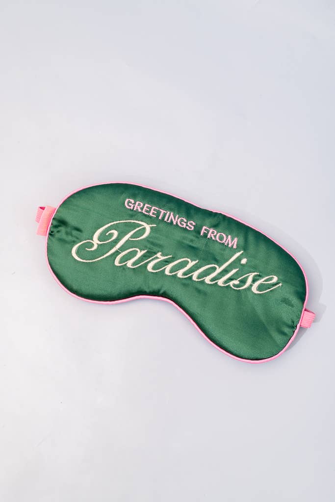 Getaway Eye Mask, Greetings from Paradise design, soft fabric, lightweight sleep mask for travel and restful nights.