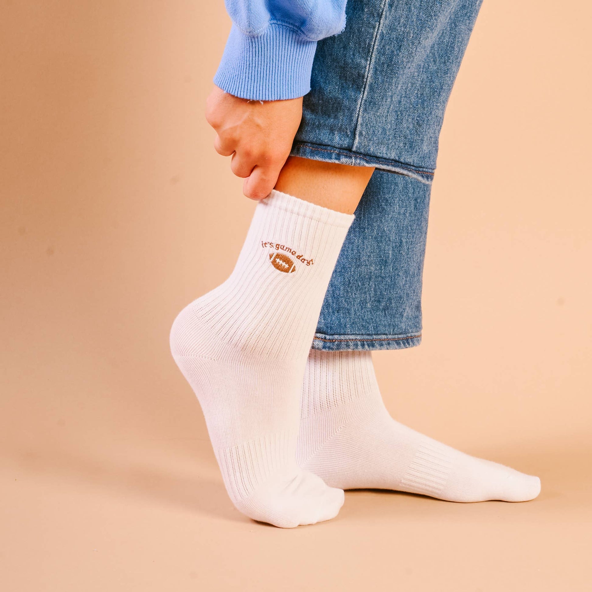 Buy Game Day Embroidered Crew Socks in black cotton blend for sports fans, unique athletic design