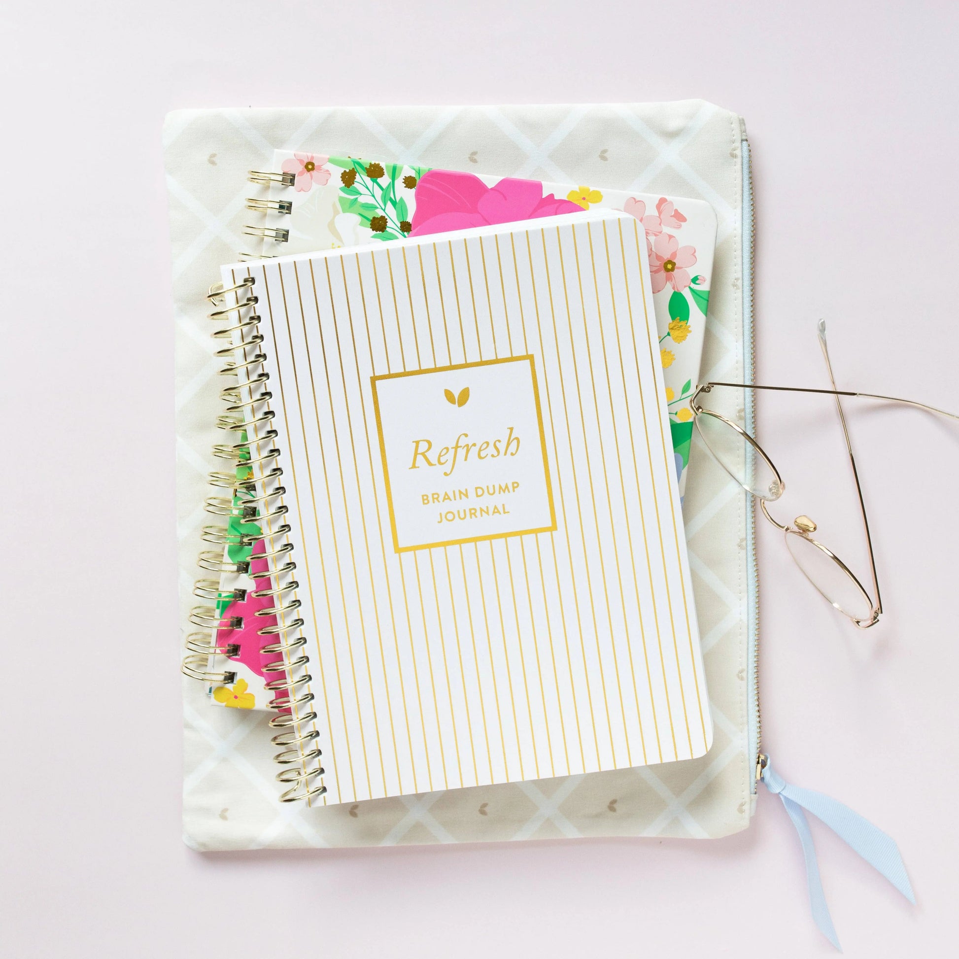 Brain Dump Journal with Gold Stripes by Refresh, A5 size, hardcover, lined pages for productivity and organization