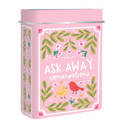 Ask Away Conversation Cards, engaging party game deck with storage tin, ideal for icebreaker activities and social gatherings