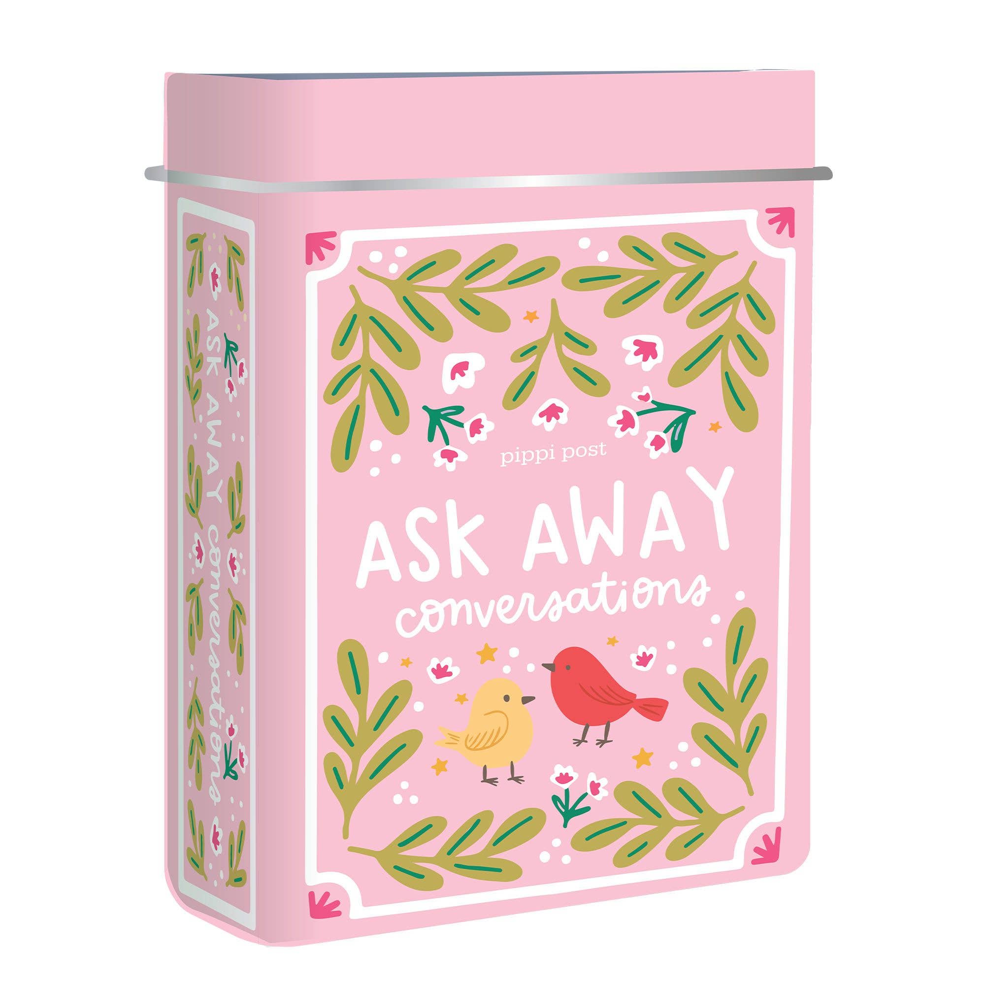 Ask Away Conversation Cards, engaging party game deck with storage tin, ideal for icebreaker activities and social gatherings