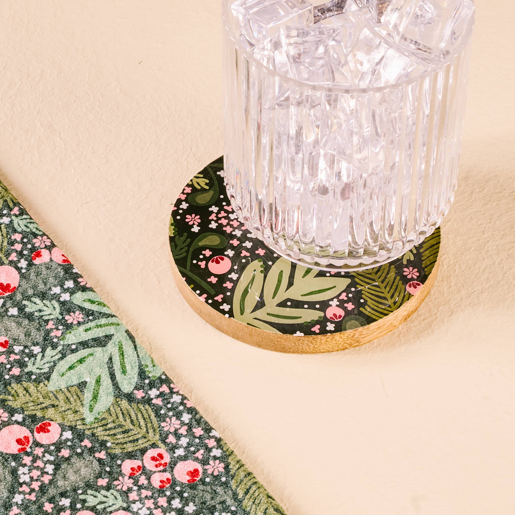 Wood Enamel Coaster-Jolly Sprig with green leaf design, durable for hot drinks, perfect kitchen accessory