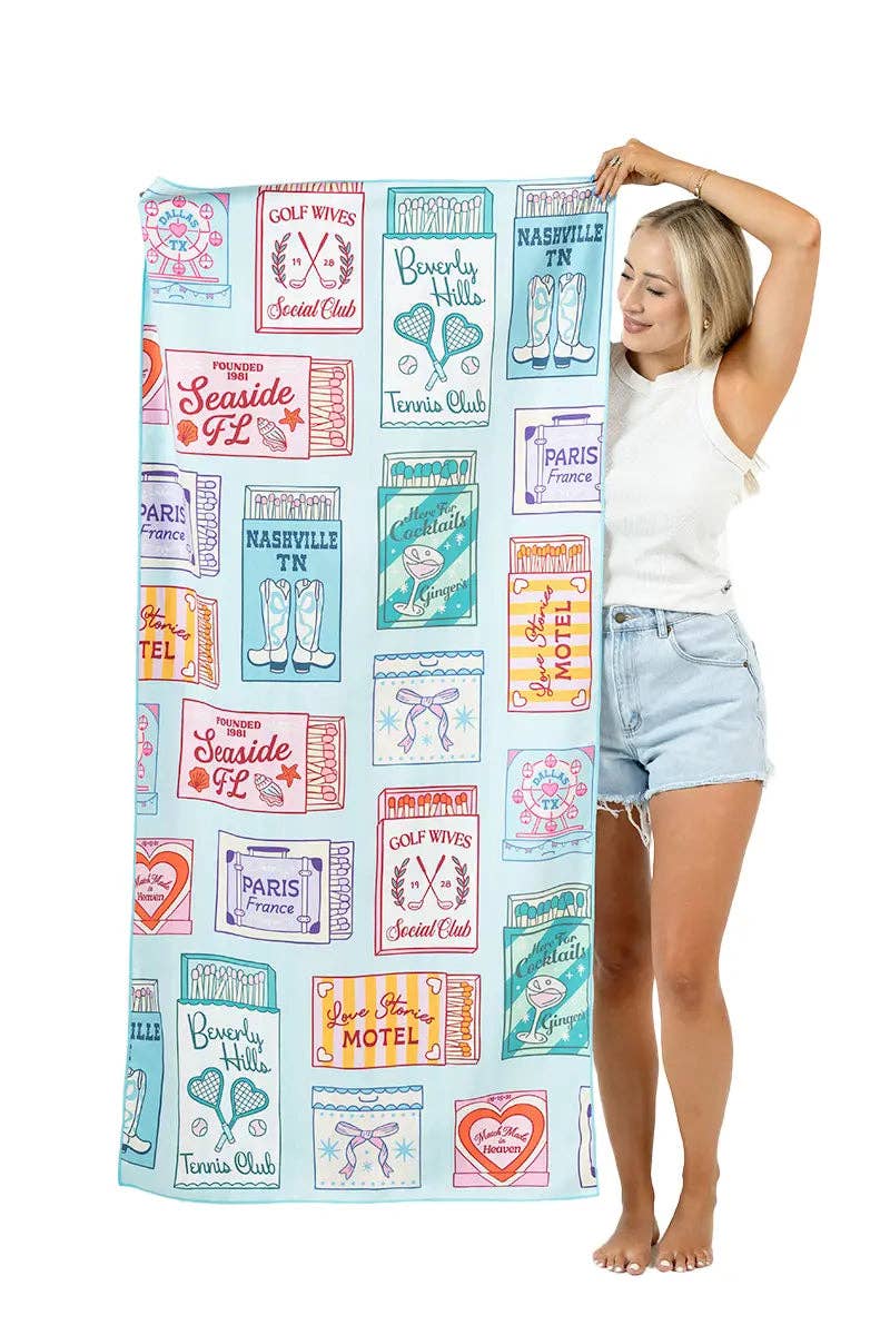 Traveling Matchbook Reversible Beach Towel: Light Blue - Paper & Vine Book Bar