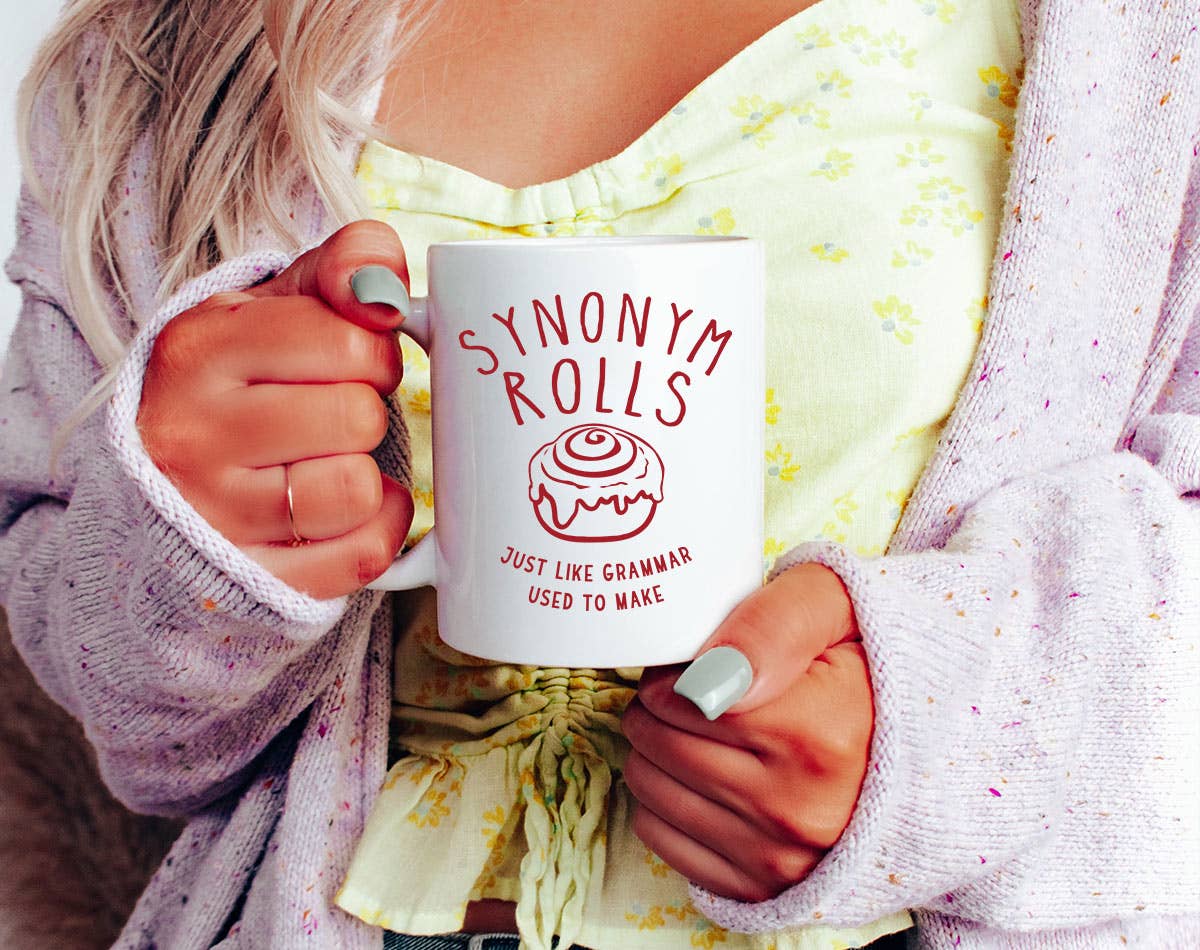 Buy Synonym Rolls Mug, white ceramic, funny wordplay design, perfect gift for grammar nerds and teachers, 11oz capacity