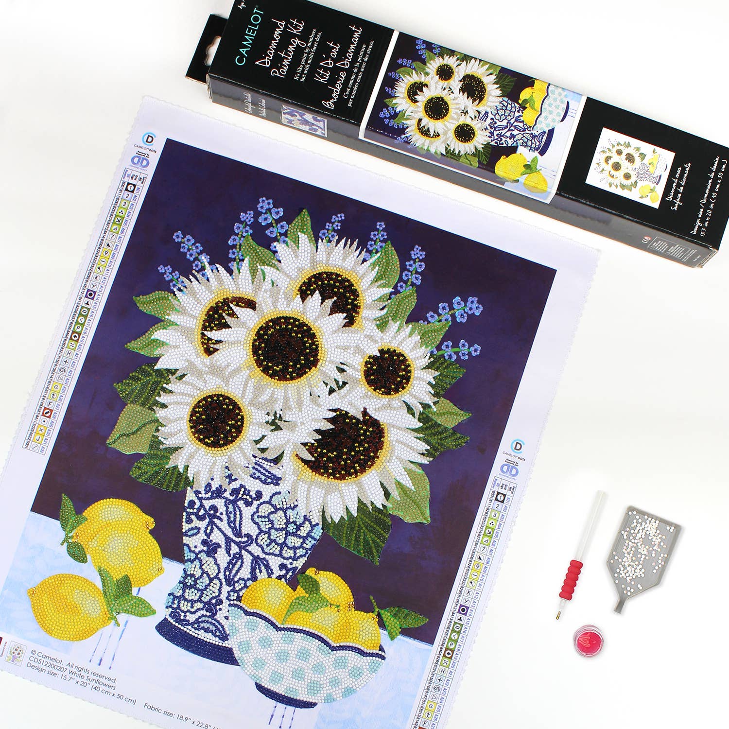 Diamond Painting Kit with White Sunflowers, 5D Full Drill Canvas, Art & Craft Set for Adults