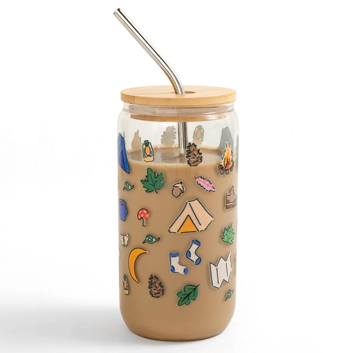 Buy Camping Icons Glass Can, 16oz durable clear glass with colorful outdoor motifs, perfect for camping enthusiasts
