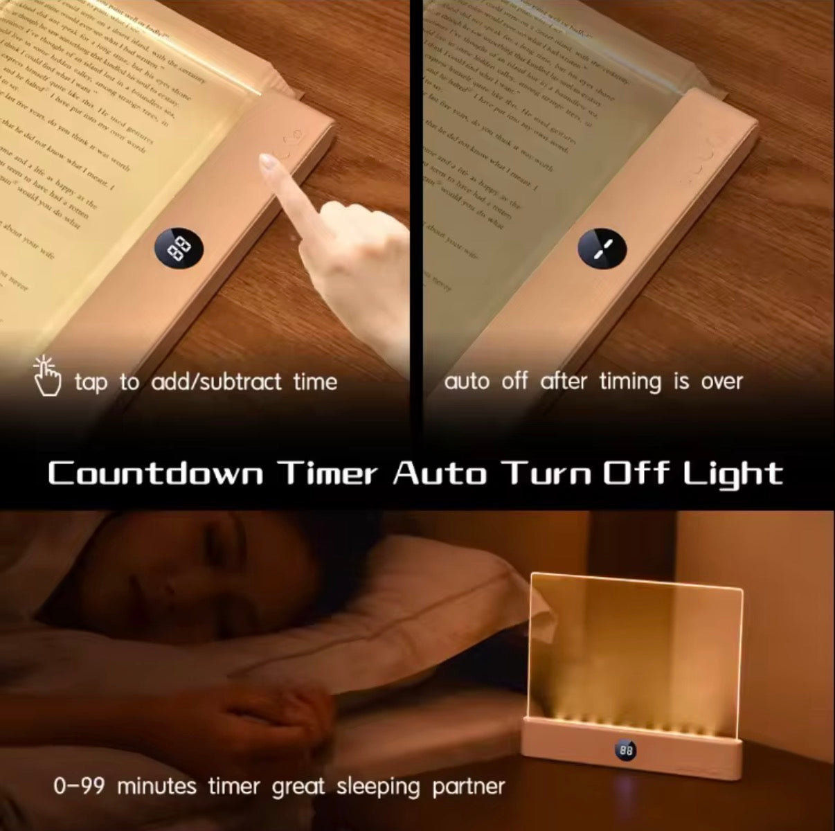 Book & Bedside Light: compact LED reading lamp with built-in book holder and warm white glow.