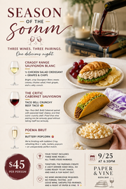 A promotional event poster for 'Season of the Somm' at Paper & Vine Book Bar, featuring wine pairings, food photos, pricing, and event details in a dark-themed layout.