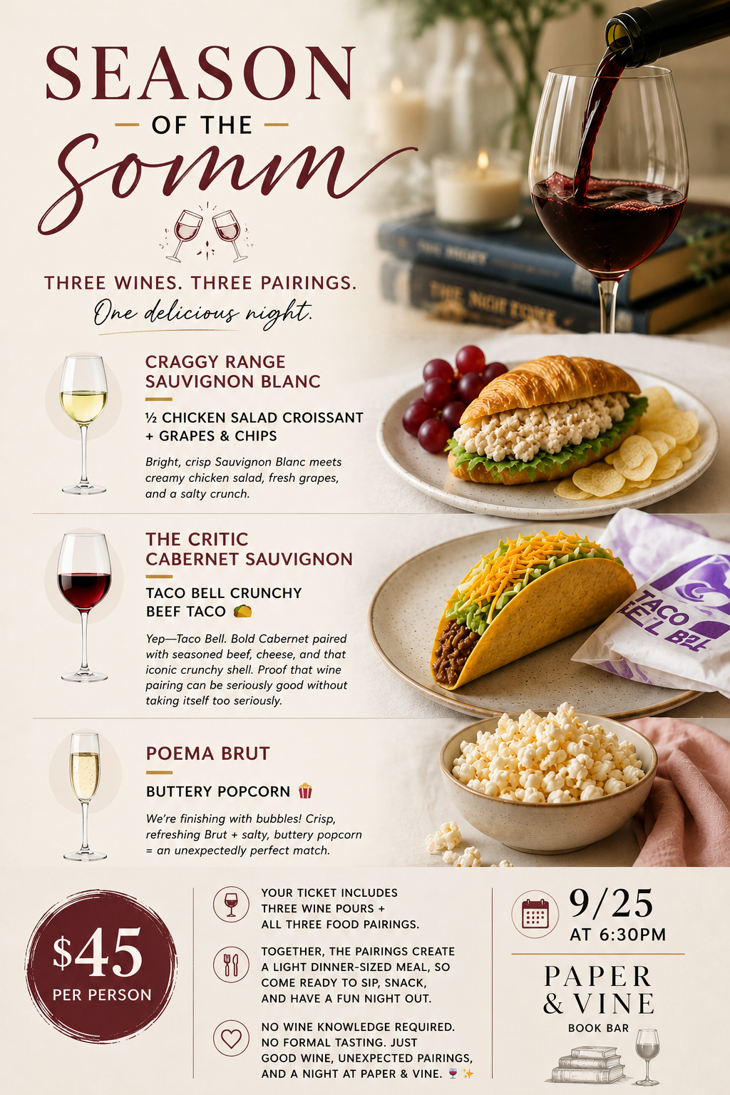 A promotional event poster for 'Season of the Somm' at Paper & Vine Book Bar, featuring wine pairings, food photos, pricing, and event details in a dark-themed layout.