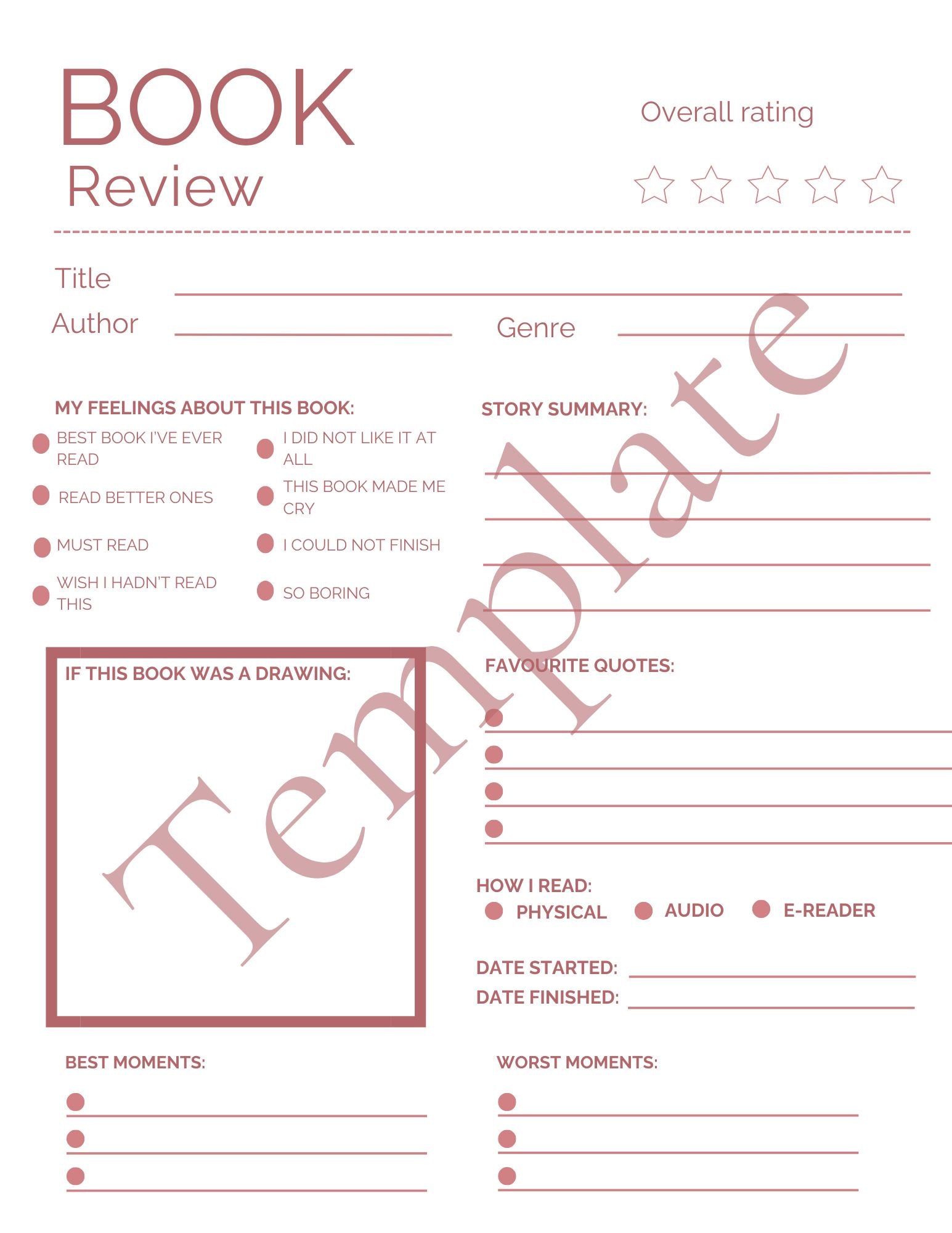 Book Review Printable | Reading Journal Worksheet | Book Club Review Page | Digital PDF