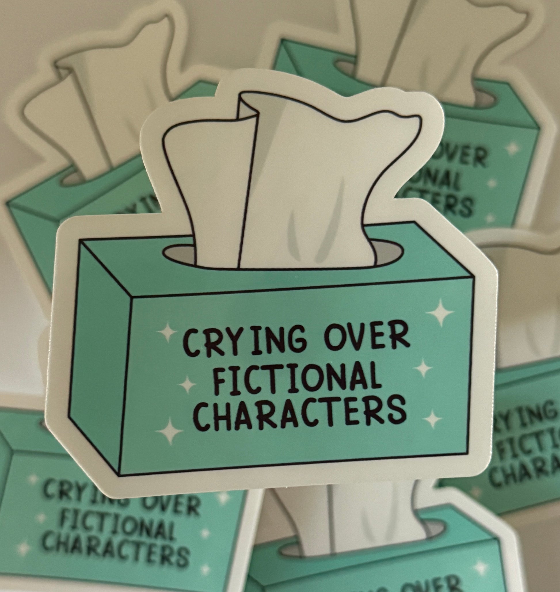 Waterproof vinyl Crying Over Fictional Characters Sticker for laptops and books, vibrant colors
