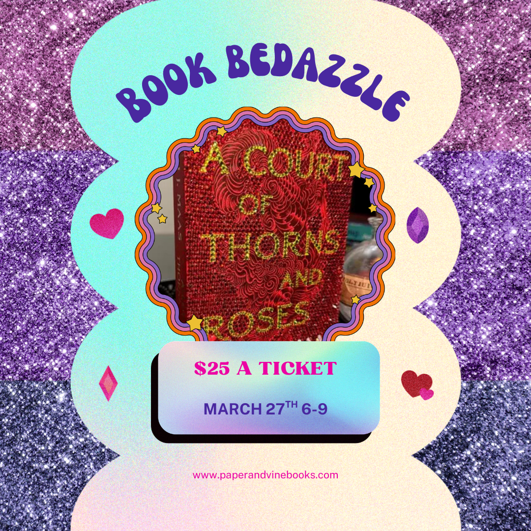 Promotional poster for 'A Court of Thorns and Roses' event with a book and ticket details on a glittery background.