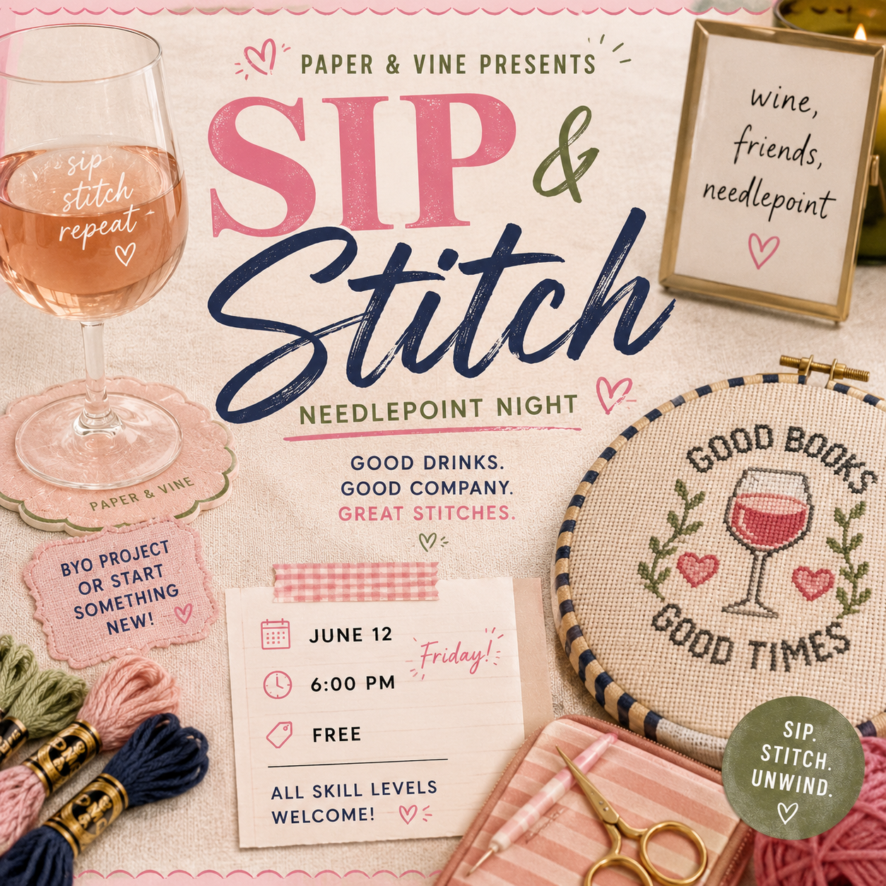 🪡🍷Sip & Stitch: Needlepoint Night