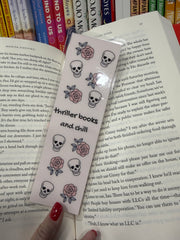 Thriller Books and Chill Bookmark, black leather with silver skull charm, perfect gift for mystery lovers
