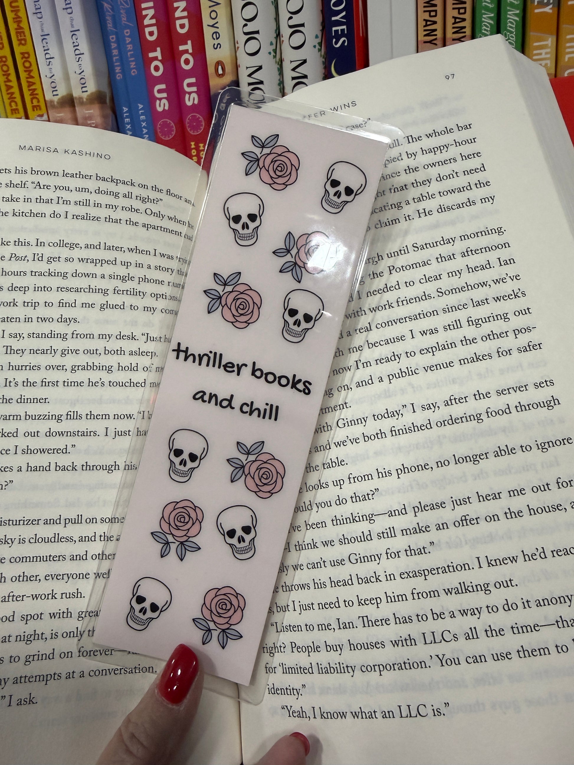 Thriller Books and Chill Bookmark, black leather with silver skull charm, perfect gift for mystery lovers