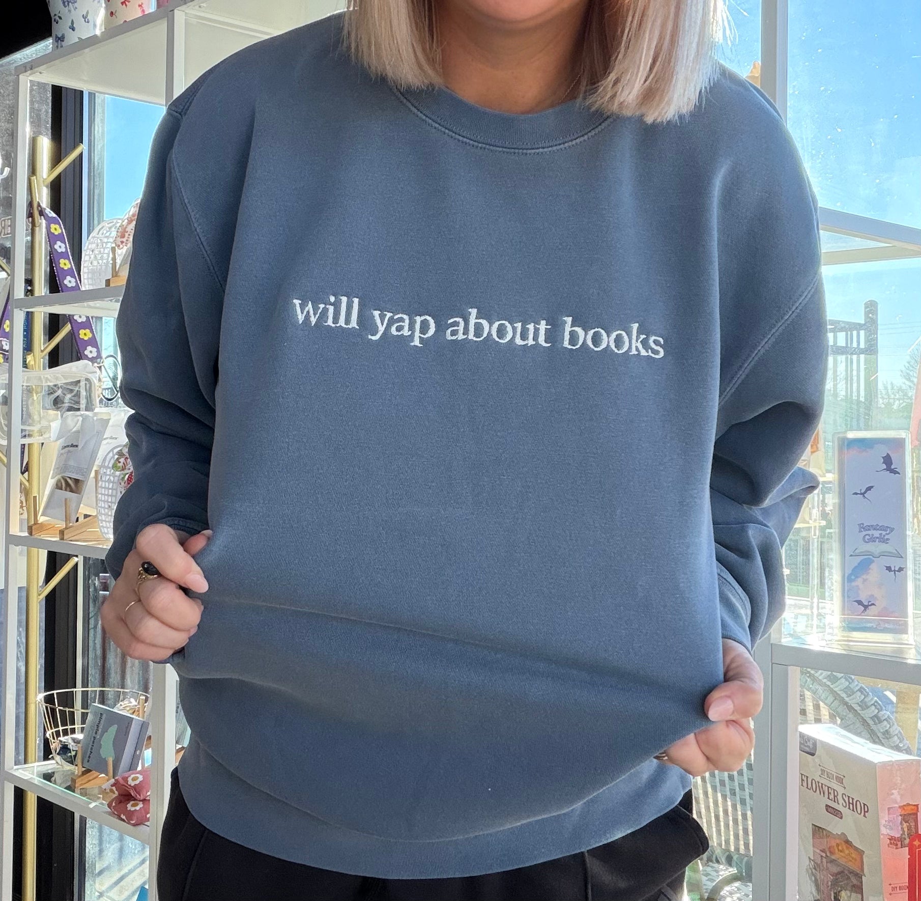 Buy cozy Will Yap About Books Sweater, navy blue cotton, medium, perfect for book lovers