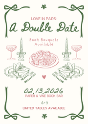 Promotional flyer for a double date event with dinner and drinks illustrations.