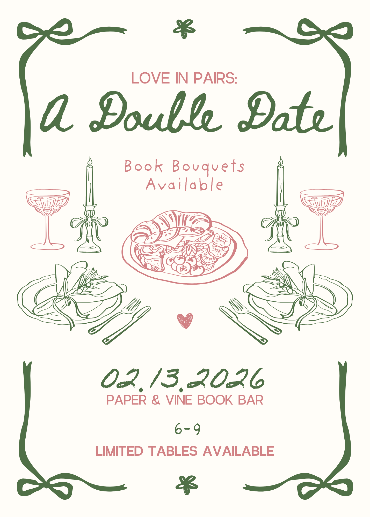 Promotional flyer for a double date event with dinner and drinks illustrations.