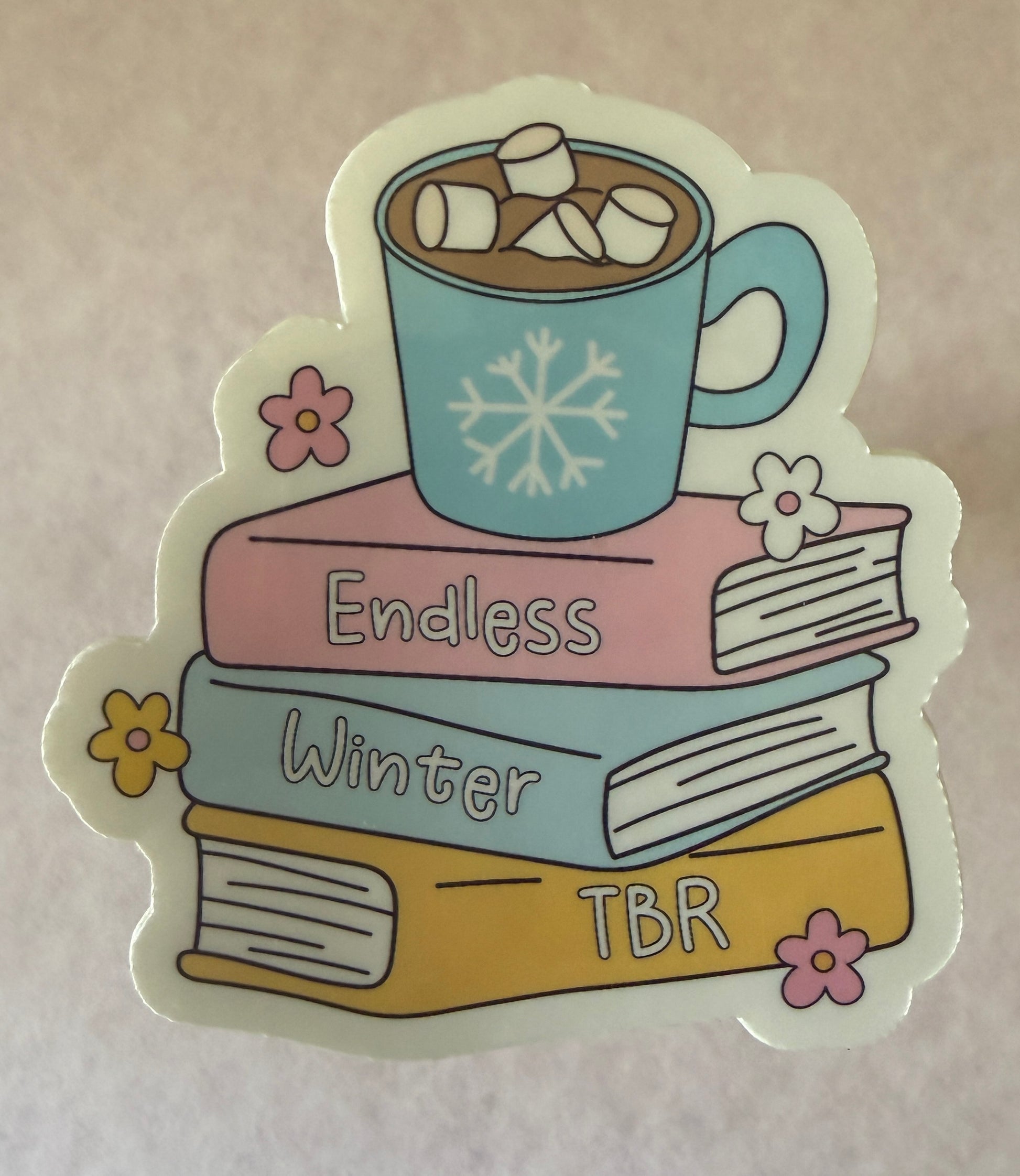 Endless Winter TBR Sticker, waterproof vinyl, blue and white, snowflake design for laptops and water bottles