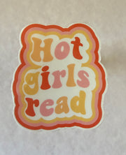 Vinyl Hot Girls Read Sticker in bold red, empowering message, waterproof for laptops and notebooks, 3x3 inches