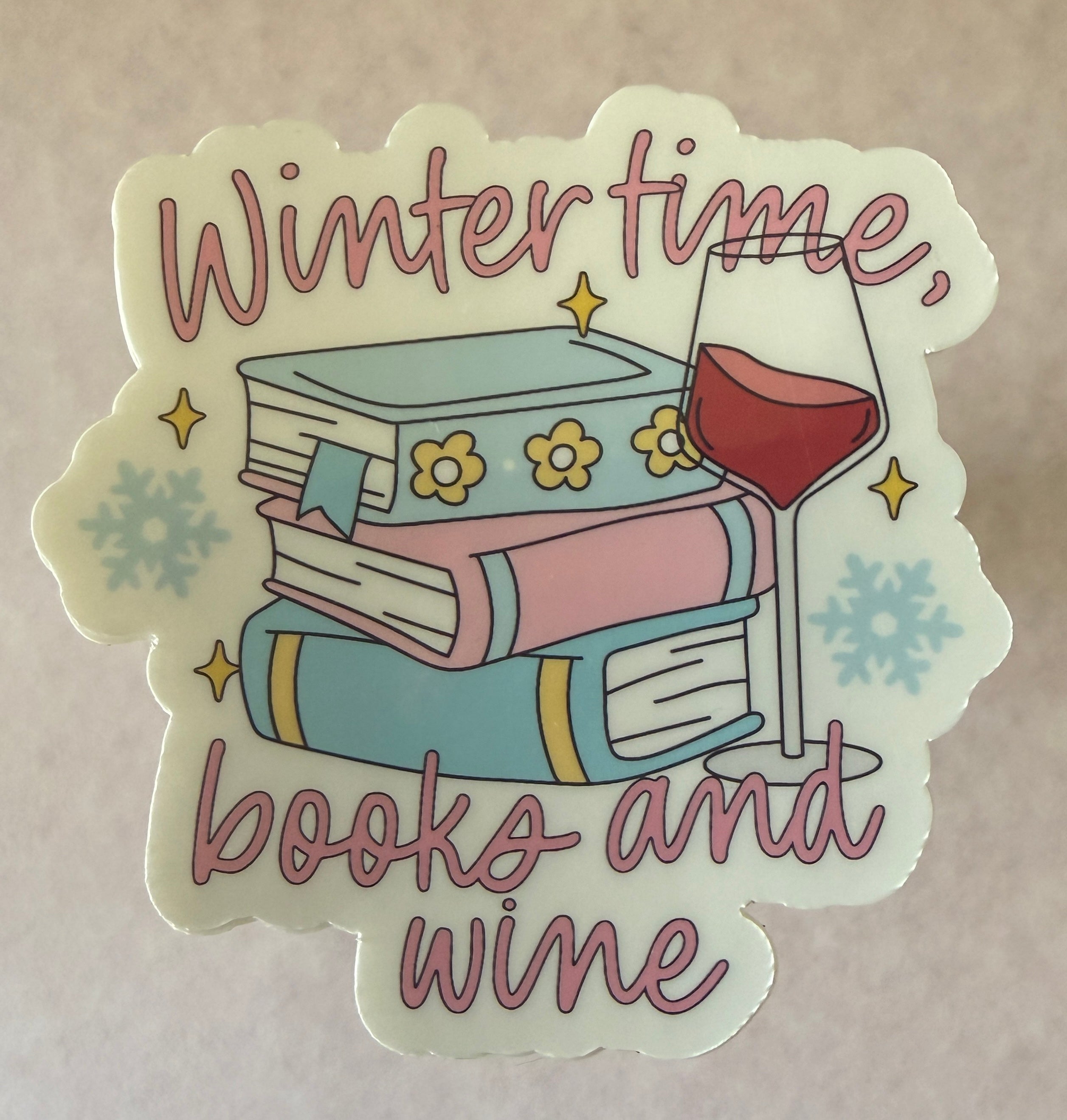 Wintertime, Books and Wine Sticker featuring cozy reading nook design, waterproof vinyl, perfect for laptops and journals