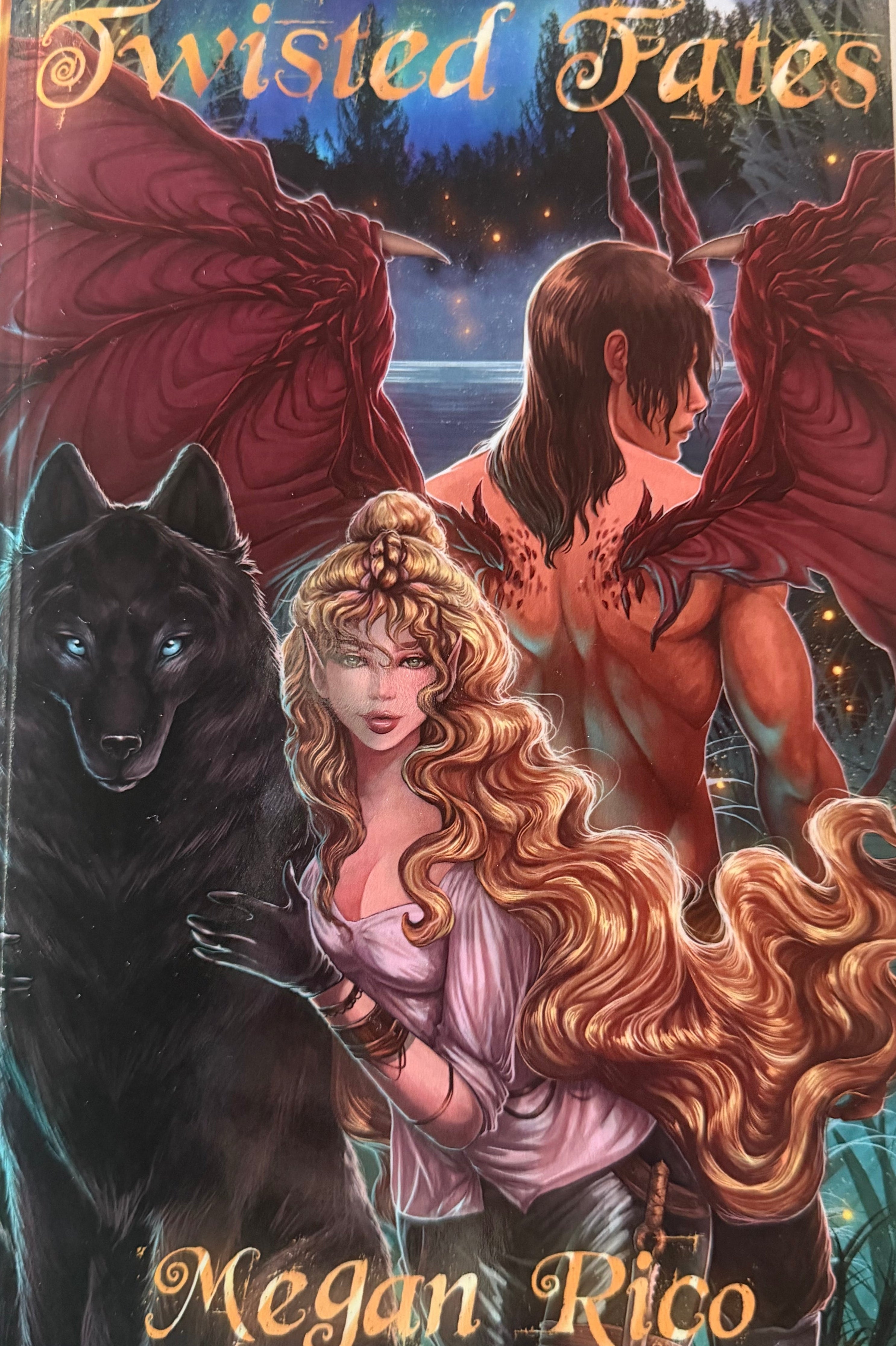 Book cover of 'Twisted Fates' by Megan Rico featuring a woman with long hair and a black dog.