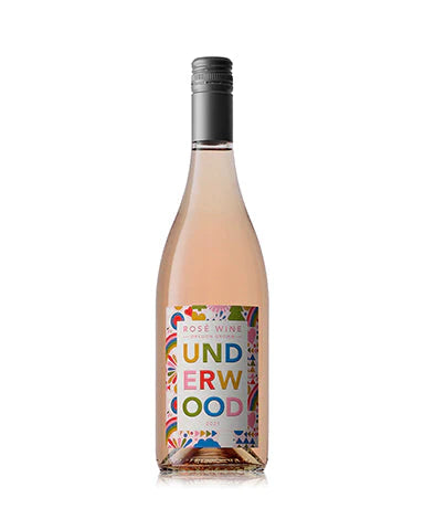 Bottle of rose wine with a colorful label on a white background