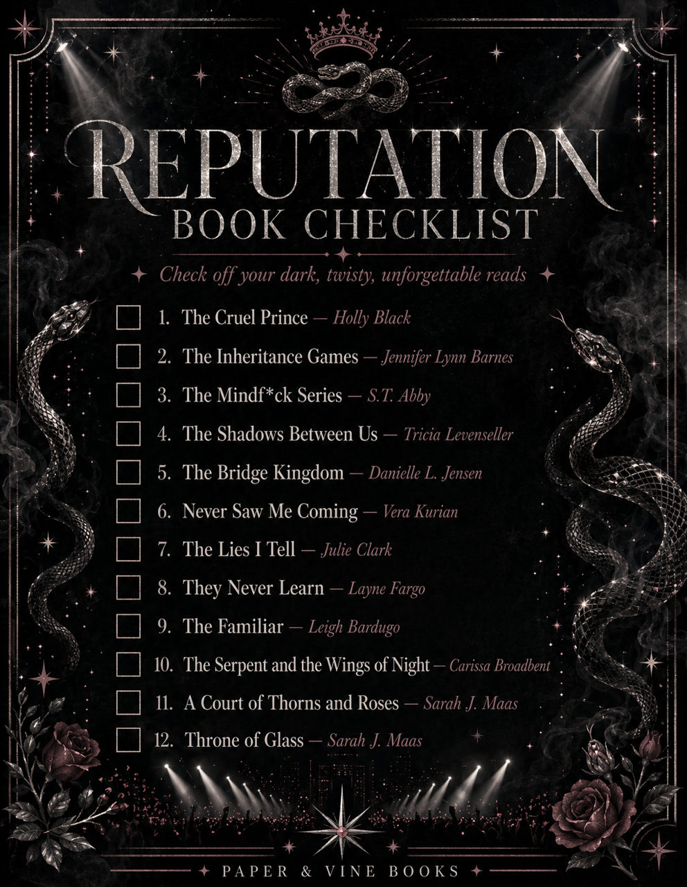 A book checklist poster titled 'Reputation Book Checklist' with a dark gothic design. The poster features a list of 12 recommended books with checkboxes, surrounded by illustrated snakes, a crown, and candles on a black background.
