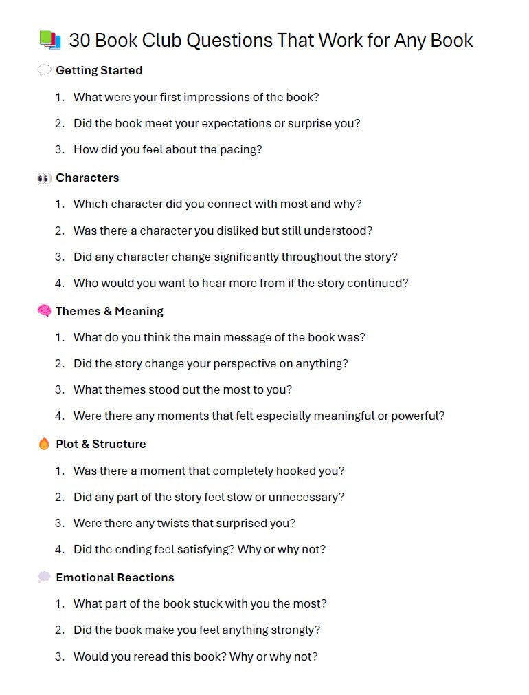 30 Book Club Questions | FREE | Printable Book Club Discussion Guide | Digital PDF