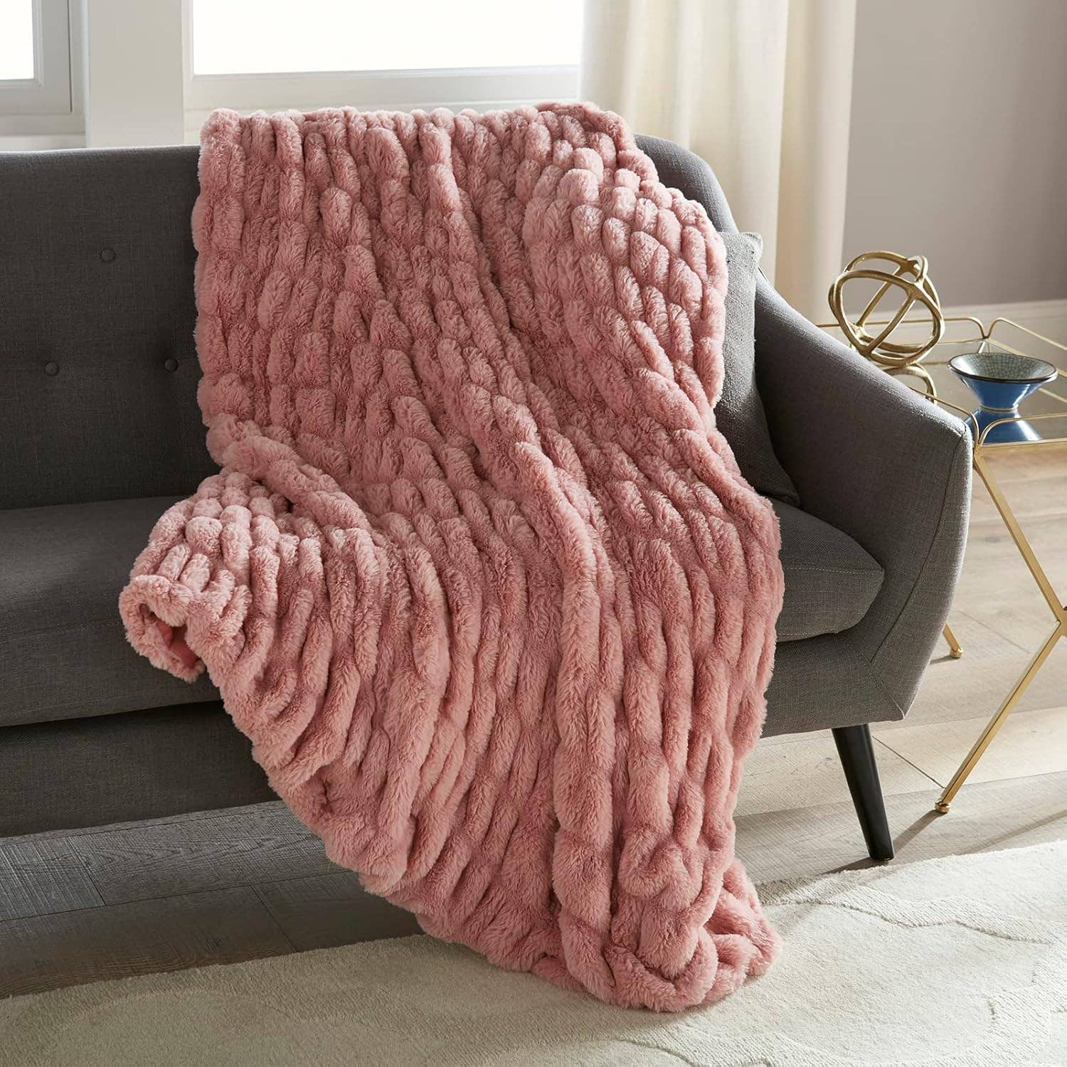 Ruched Faux Rabbit Fur Throw Rose