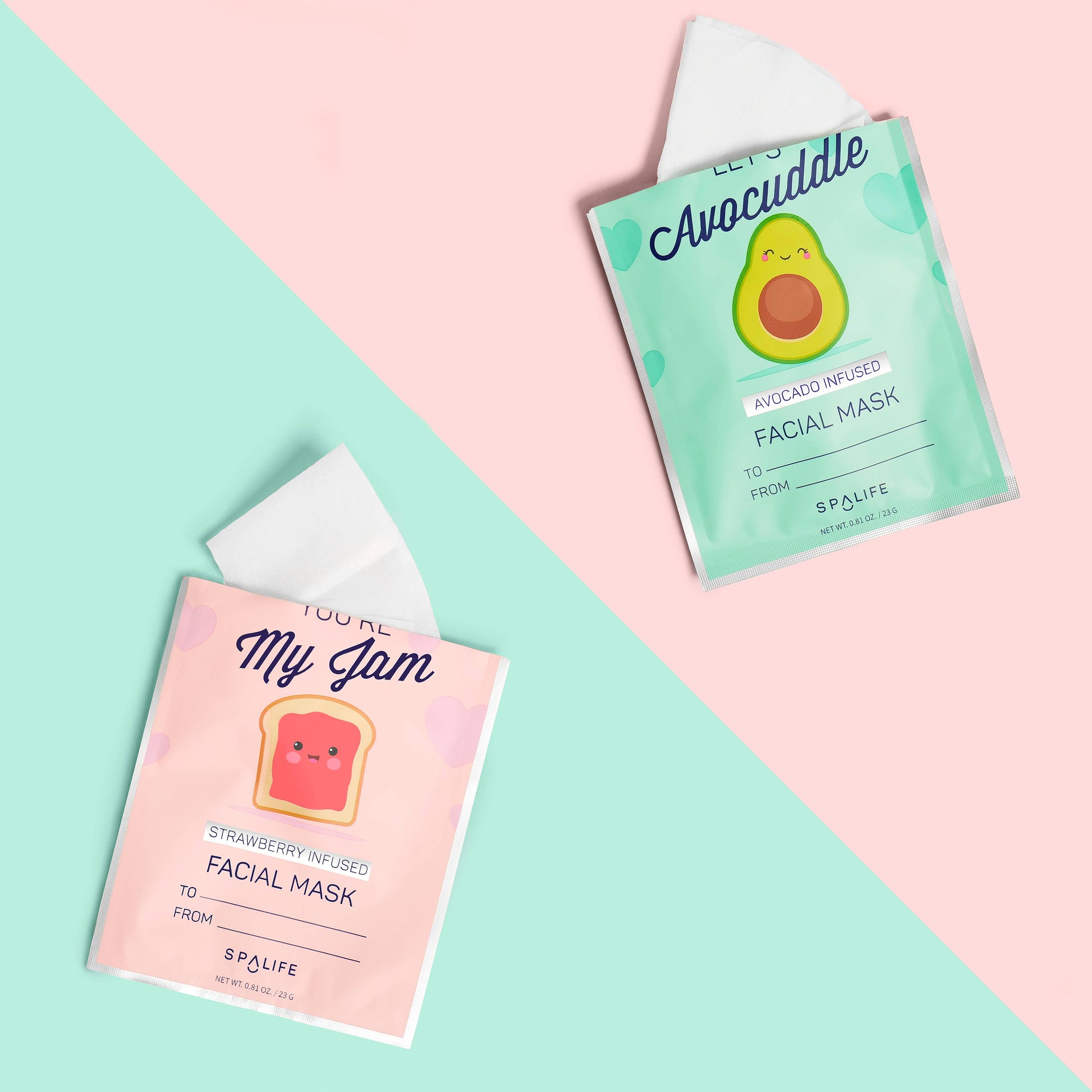 You're My Jam & Let's Avocuddle Valentine's Face Masks 6-Pack - two cute designs for a cozy spa night.