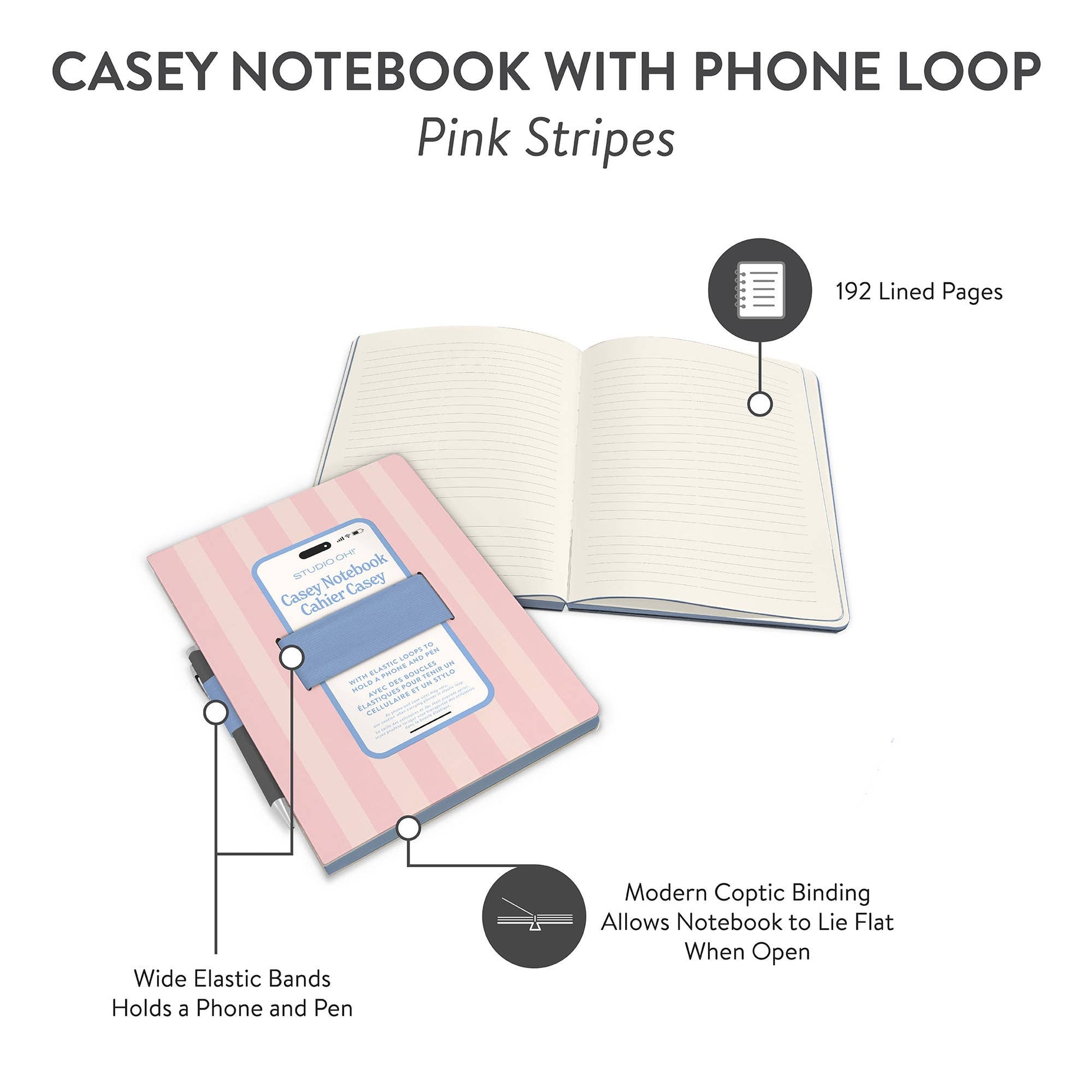 Pink Stripes Casey Notebook with Phone Loop, A5 size, durable spiral-bound, perfect for students and professionals
