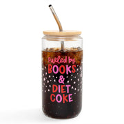 Fueled By Books And Diet Coke Glass Can, clear 16oz eco-friendly tumbler for avid readers & soda lovers