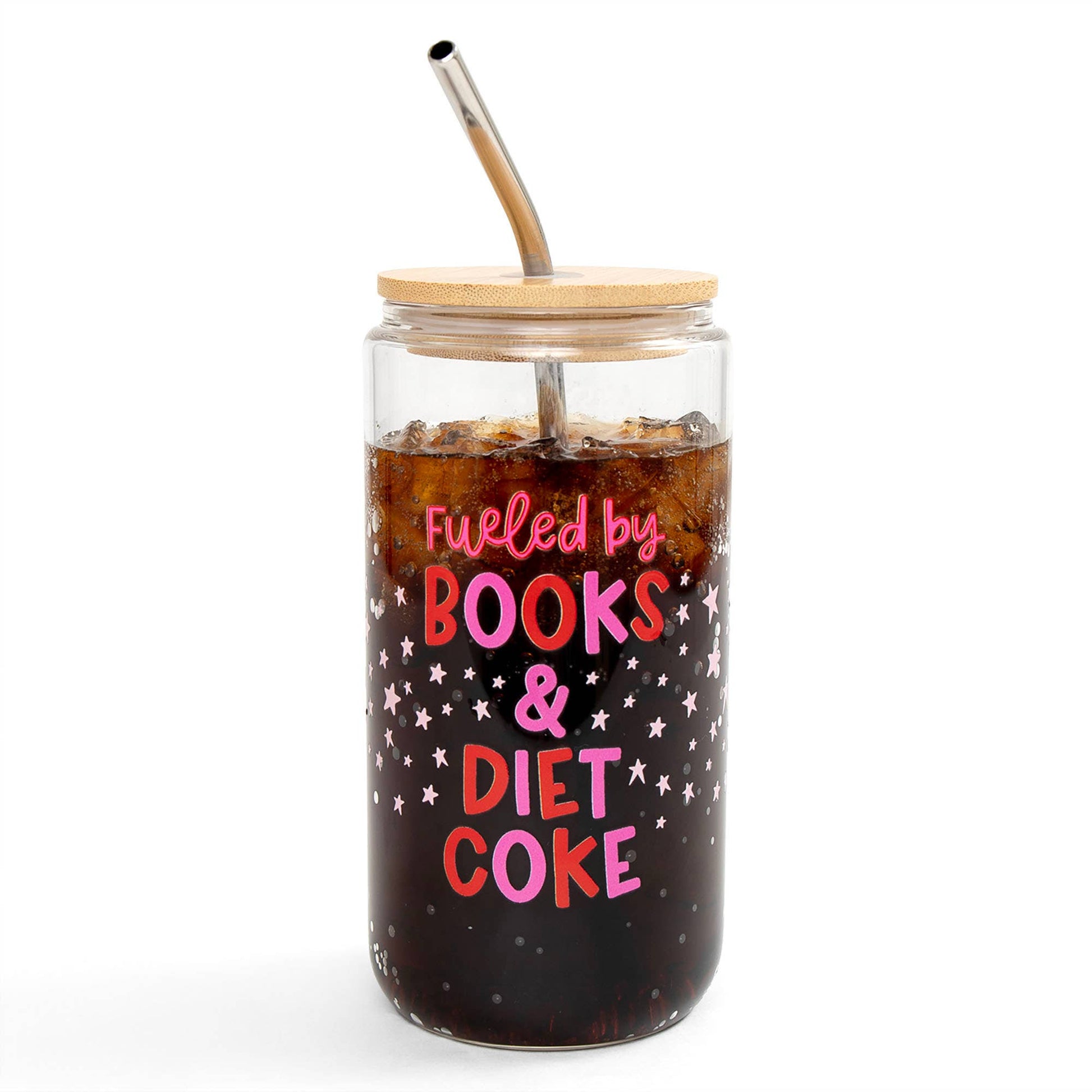 Fueled By Books And Diet Coke Glass Can, clear 16oz eco-friendly tumbler for avid readers & soda lovers
