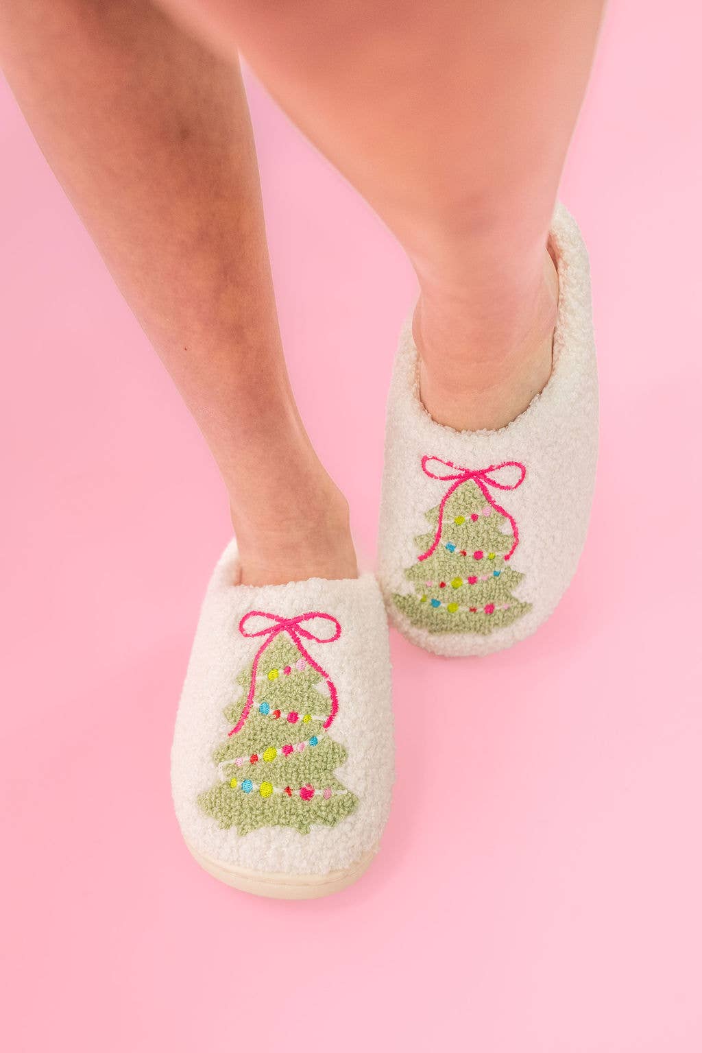 Pink Bow Christmas Tree Slippers for adults in small size, cozy fleece material, perfect holiday gift idea
