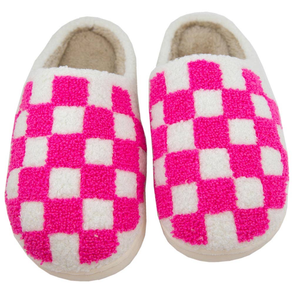 Hot Pink Checkered Pattern Slippers - cozy indoor wear with plush lining and non-slip sole.
