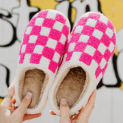 Hot Pink Checkered Pattern Slippers - Cozy indoor footwear with bold plaid print
