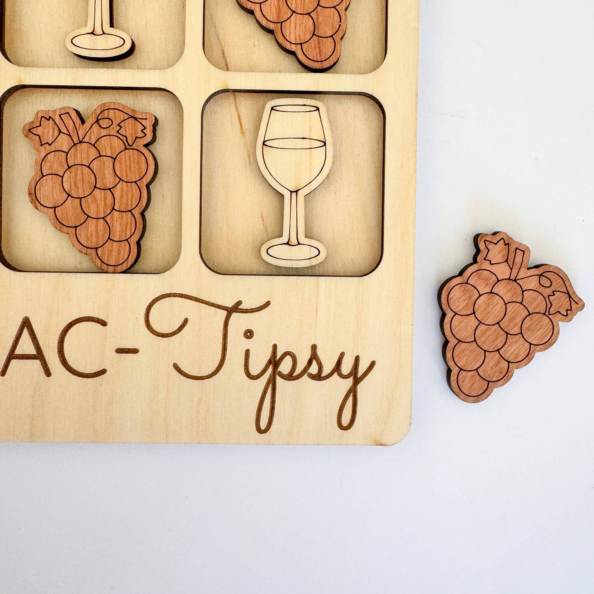 Wine Tic-Tac-Toe Game, Tipsy Party Game with customizable wine glass and grapes pieces, perfect for entertaining guests.