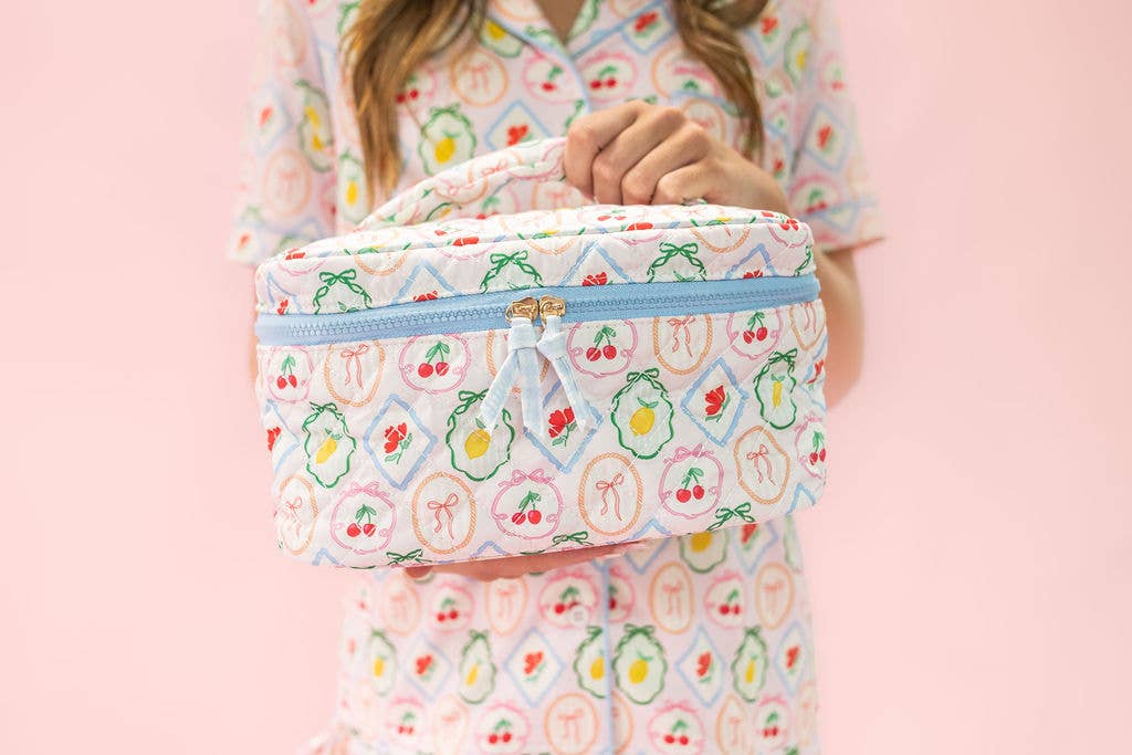 Quilted Cosmetic Bag with Top Handle - Fruit Cocktail, vibrant multi-color, waterproof polyester, compact size, stylish tr...