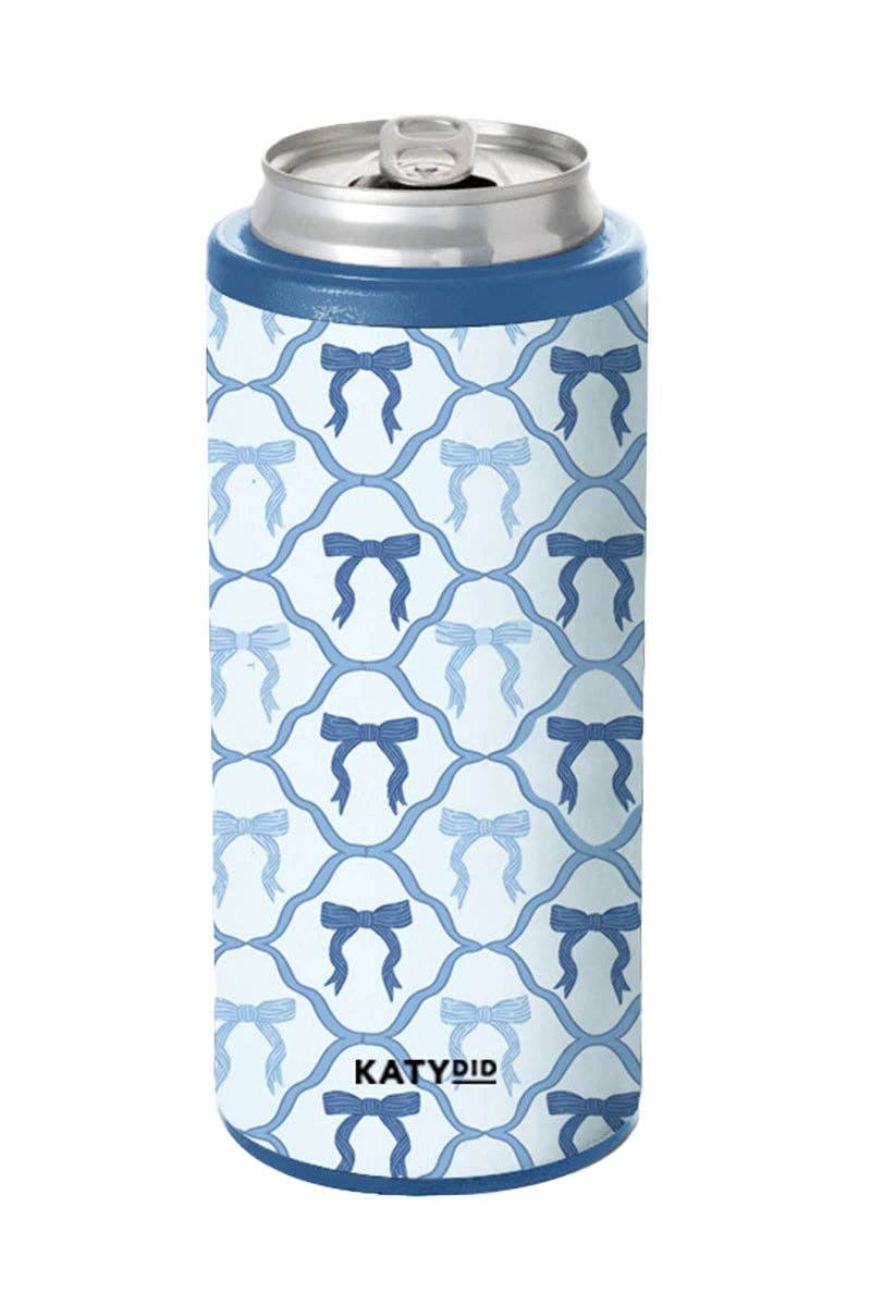 Blue Coquette Bows Slim Can Koozie - Light Blue, insulated slim can cooler with bow accents