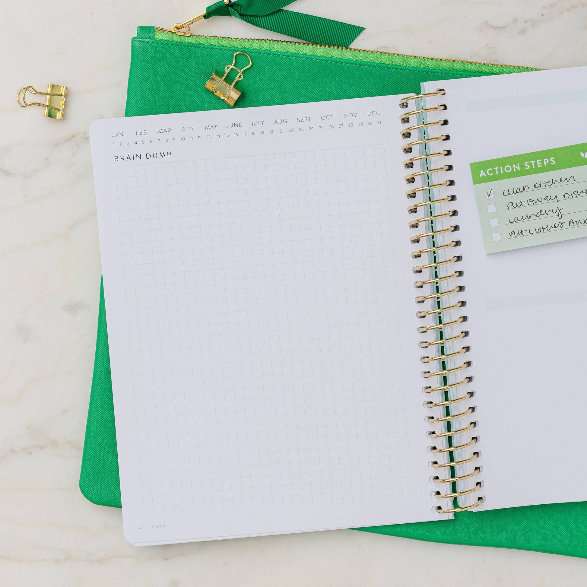 Brain Dump Journal with Gold Stripes by Refresh, A5 size, hardcover, lined pages for productivity and organization