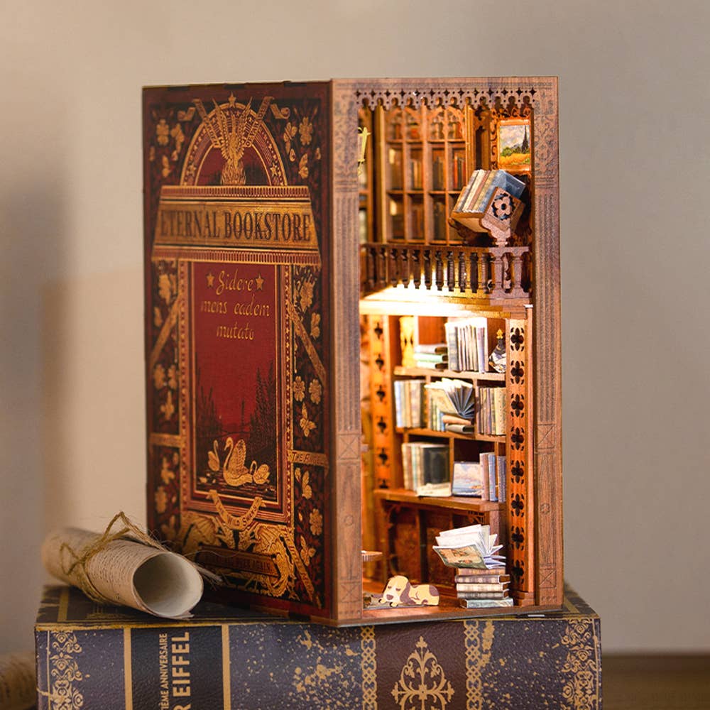 DIY Book Nook Kit: Eternal Bookstore with Dust Cover, intricate wooden model, perfect gift for crafters and readers