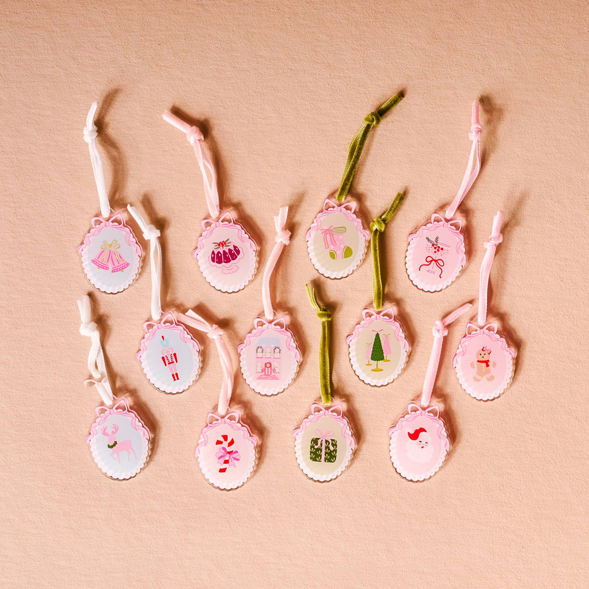 Coquette Christmas Ornament Advent Calendar with 24 unique, hand-painted mini ornaments, festive holiday decor