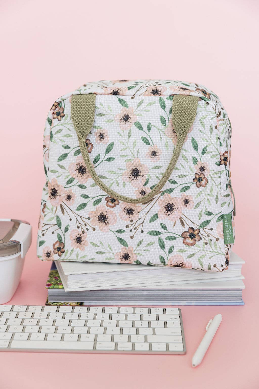 Buy durable Small Lunch Tote, Woodland Floral in pink & green, insulated, waterproof fabric, perfect for work or school meals