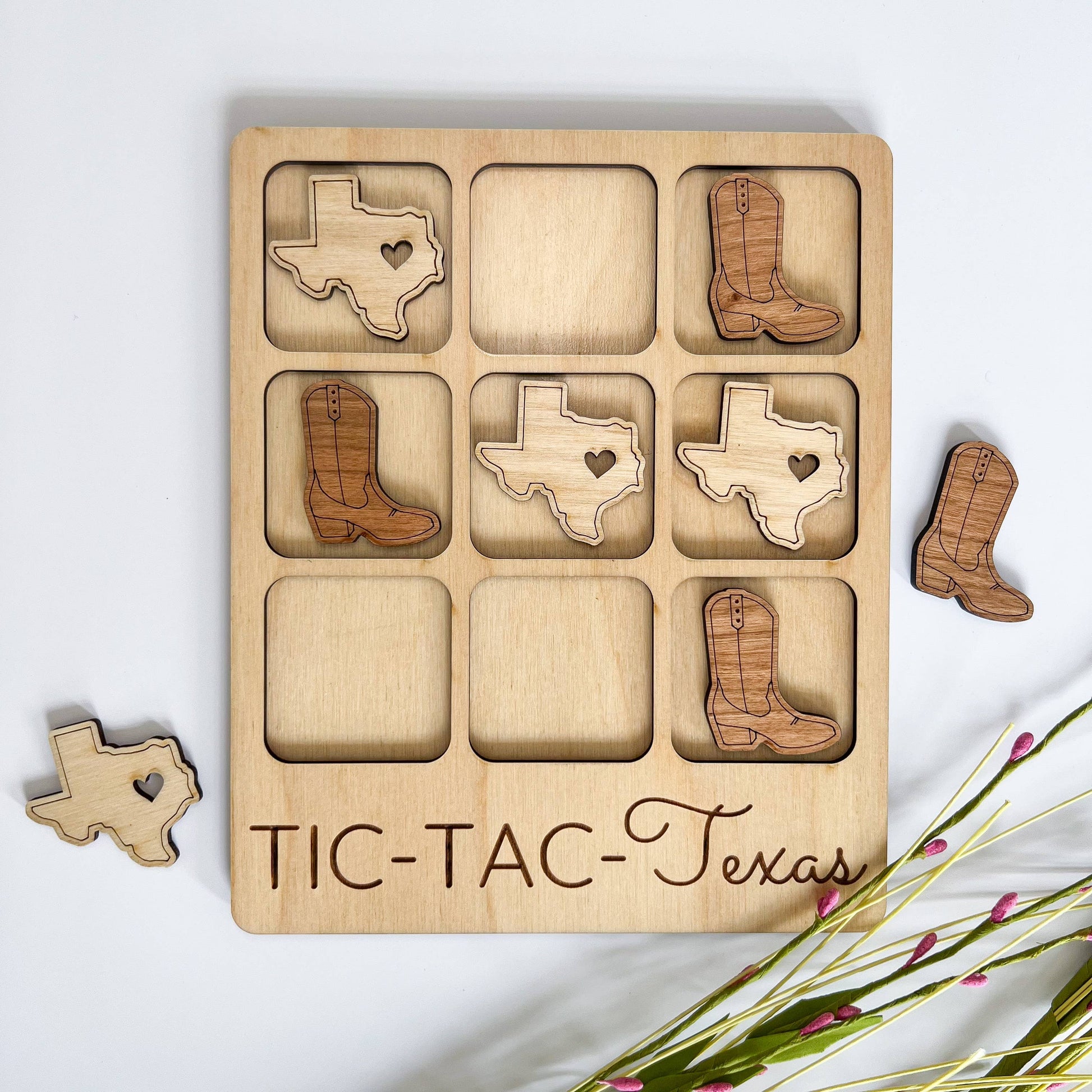 Custom Texas State Gift Tic-Tac-Toe TX Game with customizable cowboy boots, perfect for unique home decor and thoughtful g...
