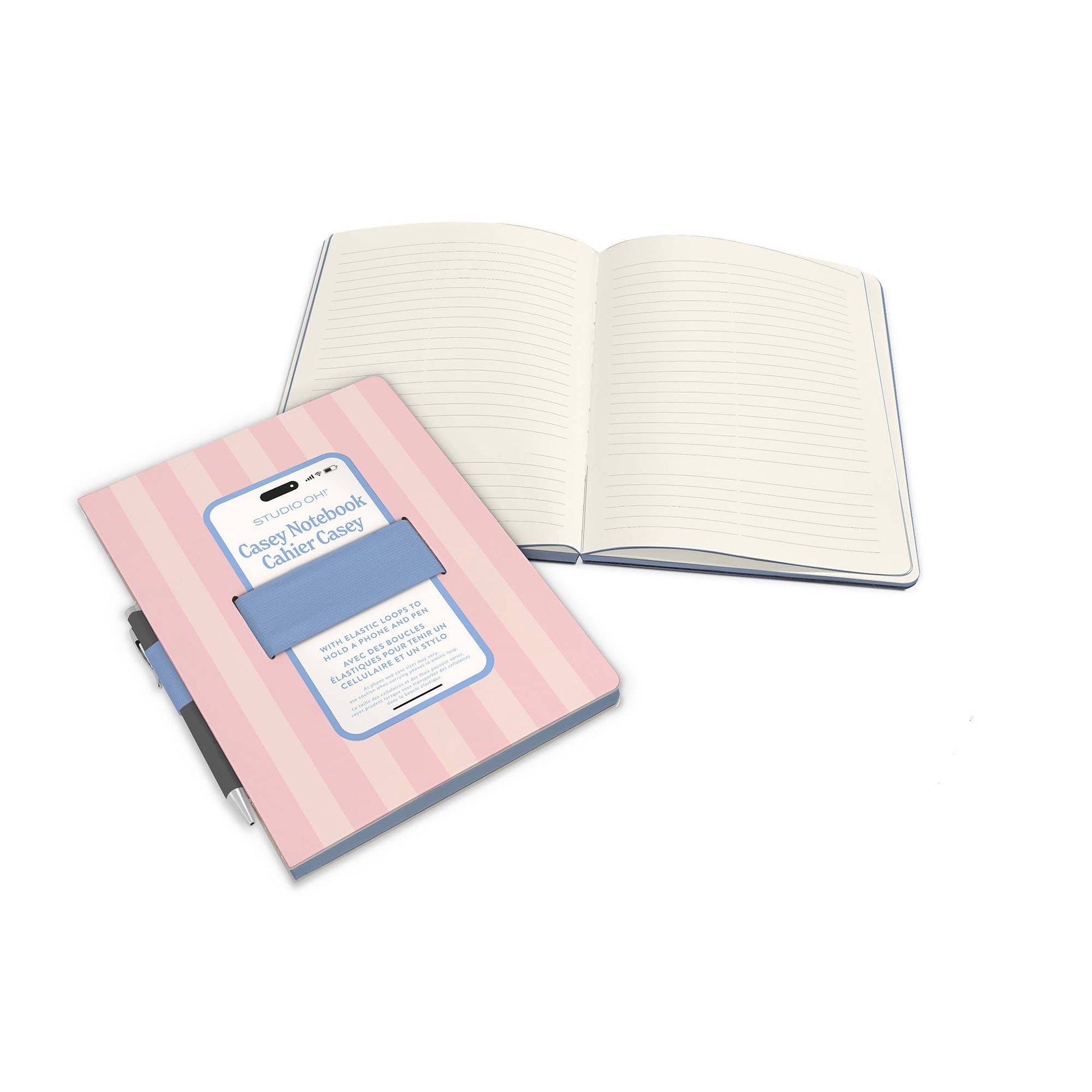 Pink Stripes Casey Notebook with Phone Loop, A5 size, spiral-bound, durable cover, ideal for students and professionals