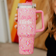 Let's Go Girls Tumbler Cup with Straw and Handle Grad Gift: Pink