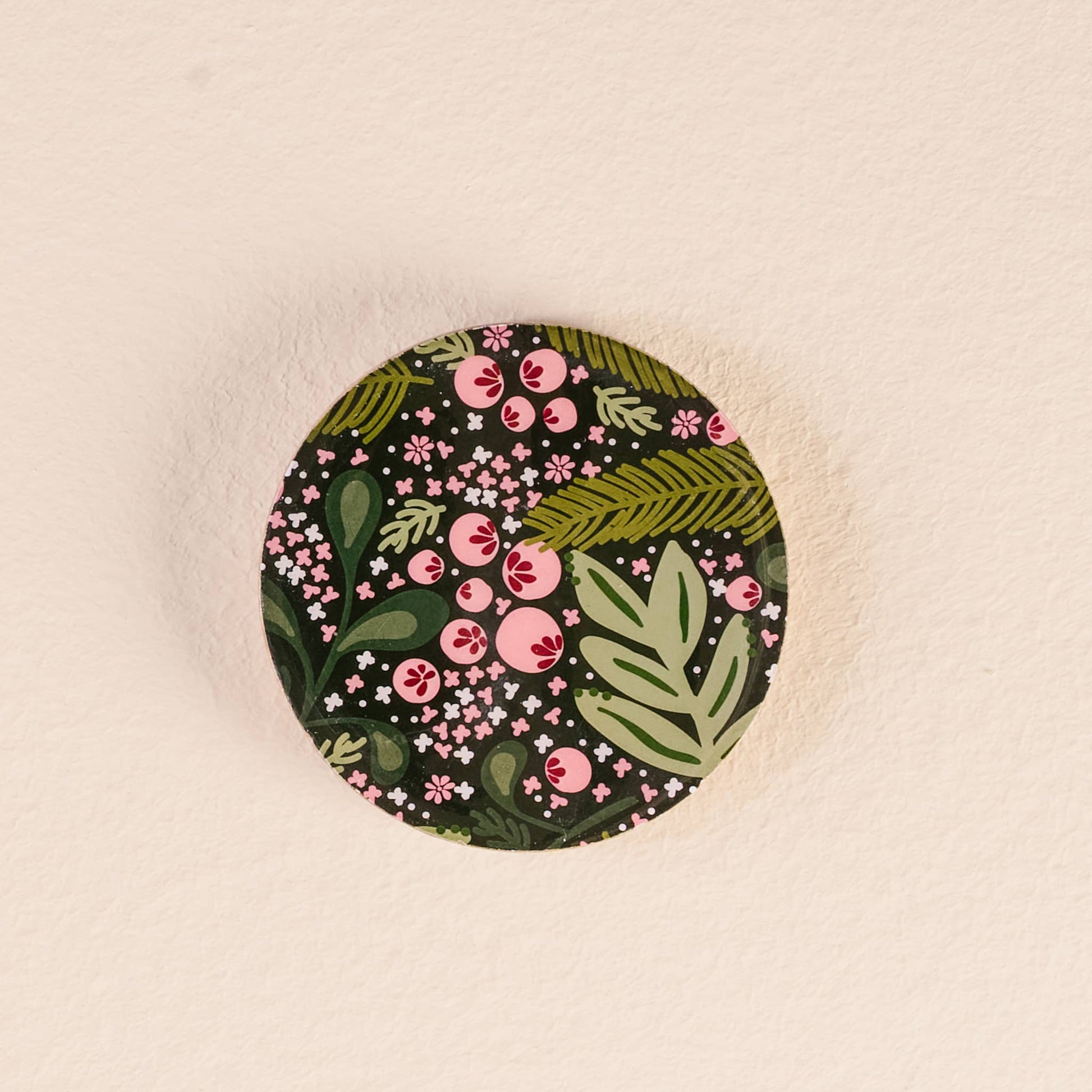 Wood Enamel Coaster-Jolly Sprig in green and white, holiday-themed, durable, perfect for Christmas table settings